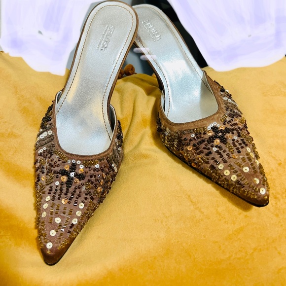 SPLASH Fashion Footwear Slip on Mules 4-inch Heels Brown-tones Sequins and Beads - Picture 2 of 14